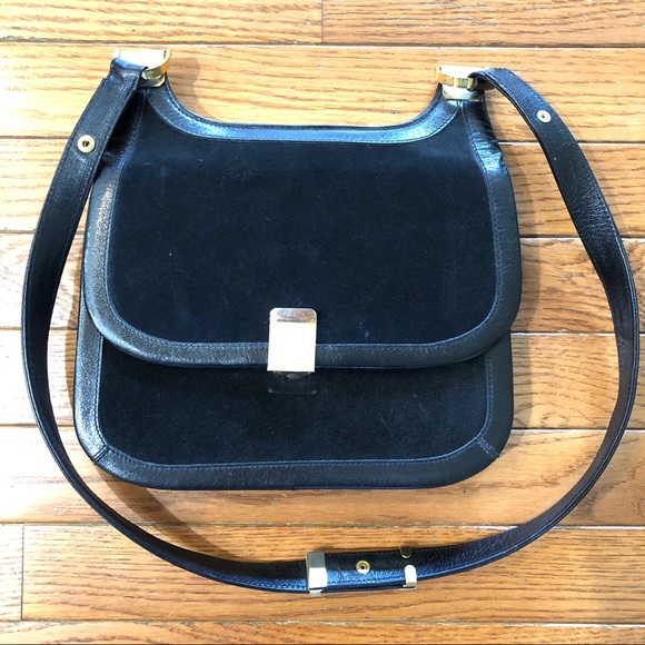 VTG Coblentz Convertible Black Suede Tri-Fold Handbag Shoulder Bag Gold Hardware - Picture 2 of 11